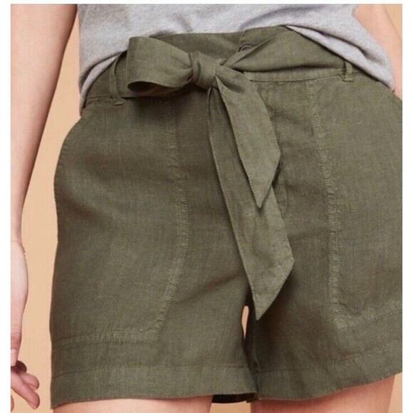 Lou & Grey LOFT Shorts Women's Medium Green Linen Belted Shorts Pockets Beachy - Picture 1 of 11